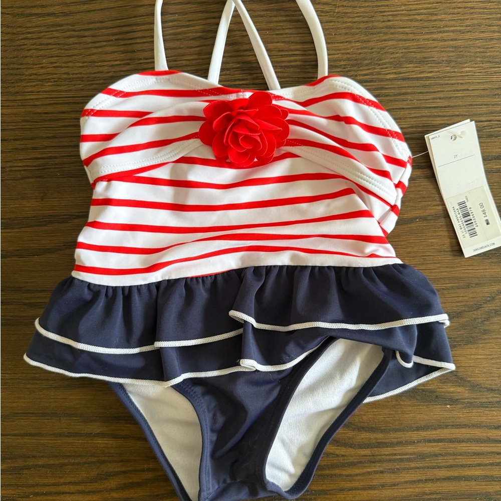 Janie and Jack Red Striped Swimsuit with Navy Skirt
